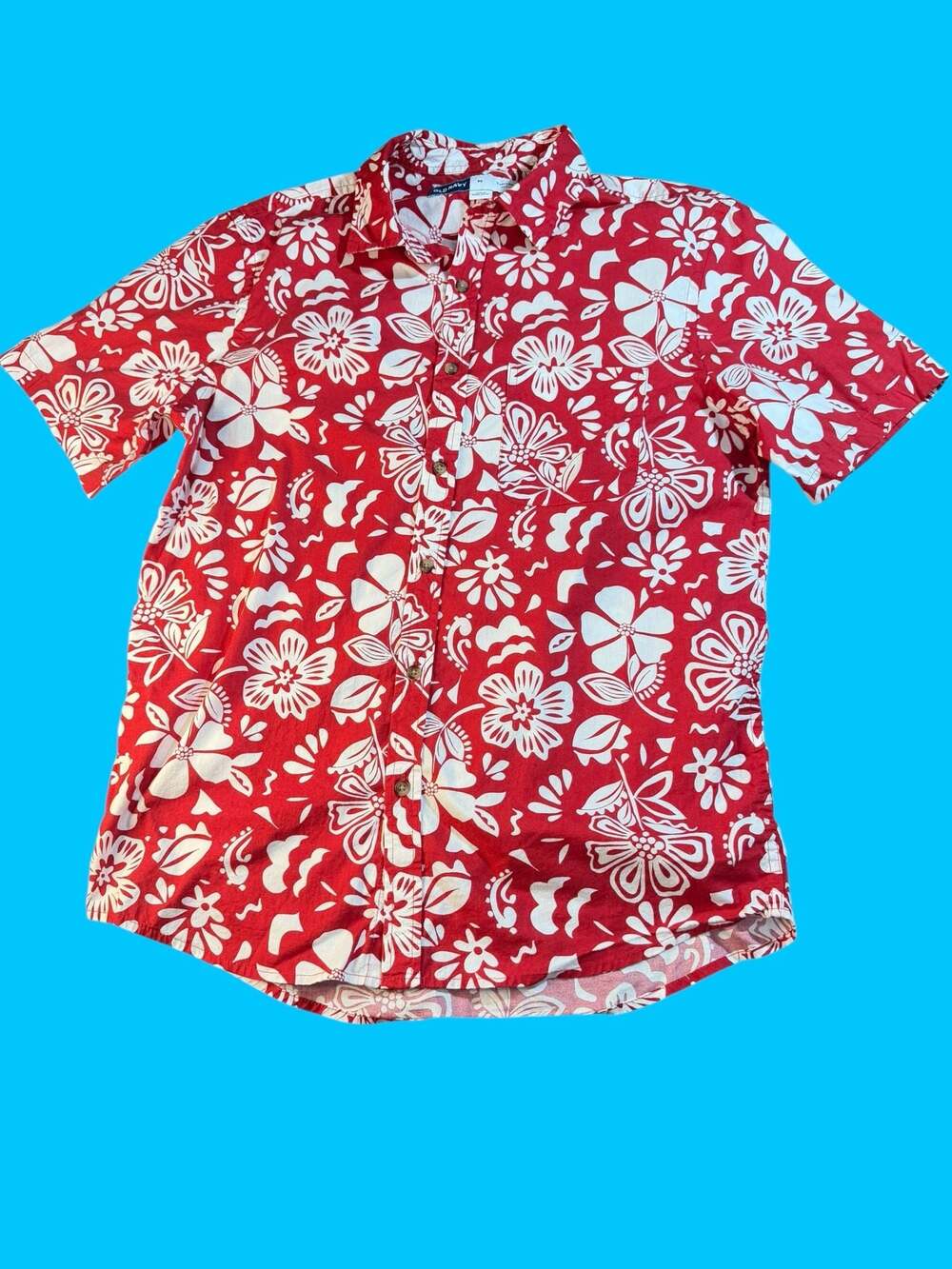 Old Navy Red and White Floral Everyday Short Sleeve Hawaiian Shirt M